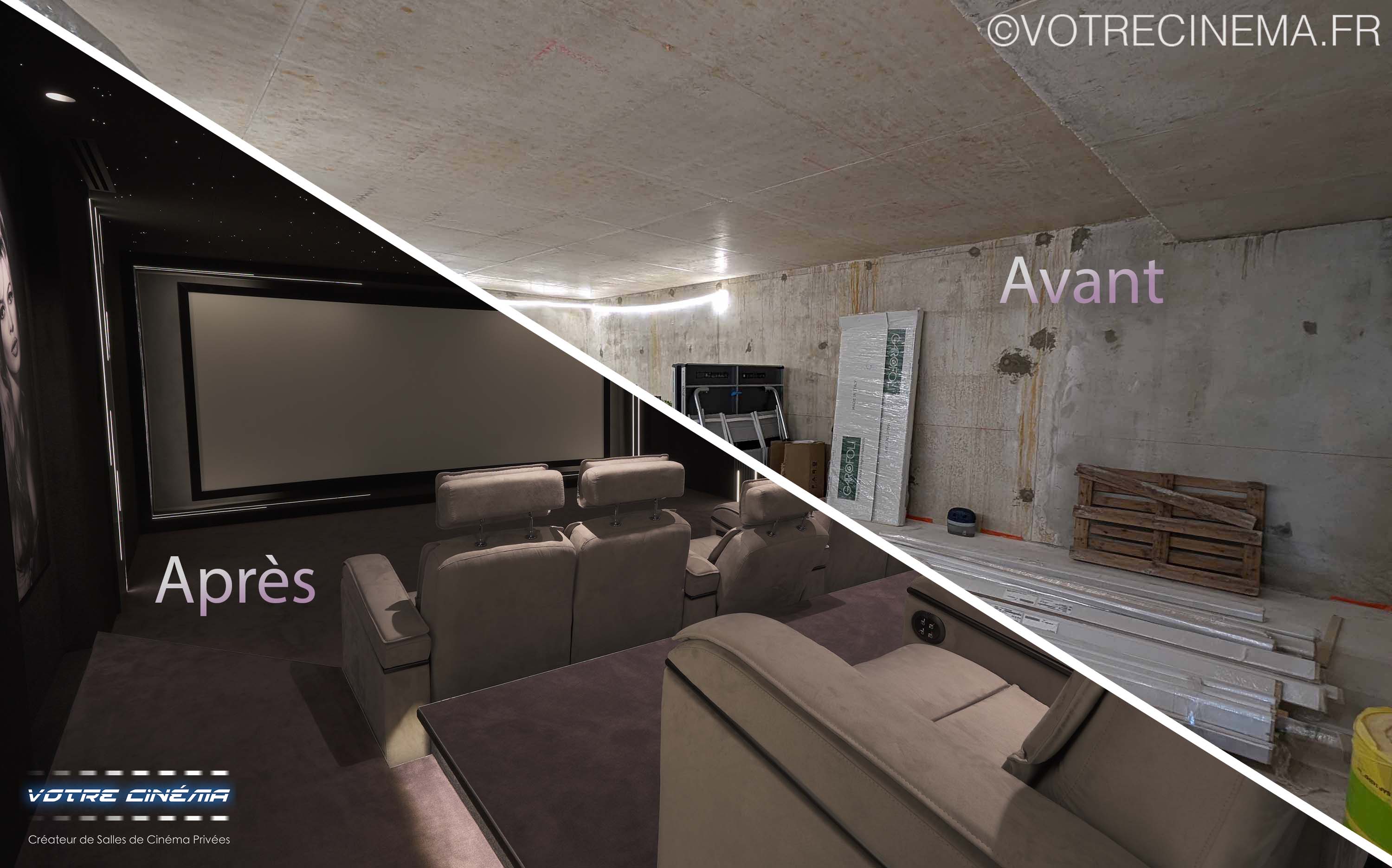 Travaux salle cinéma privé avant après