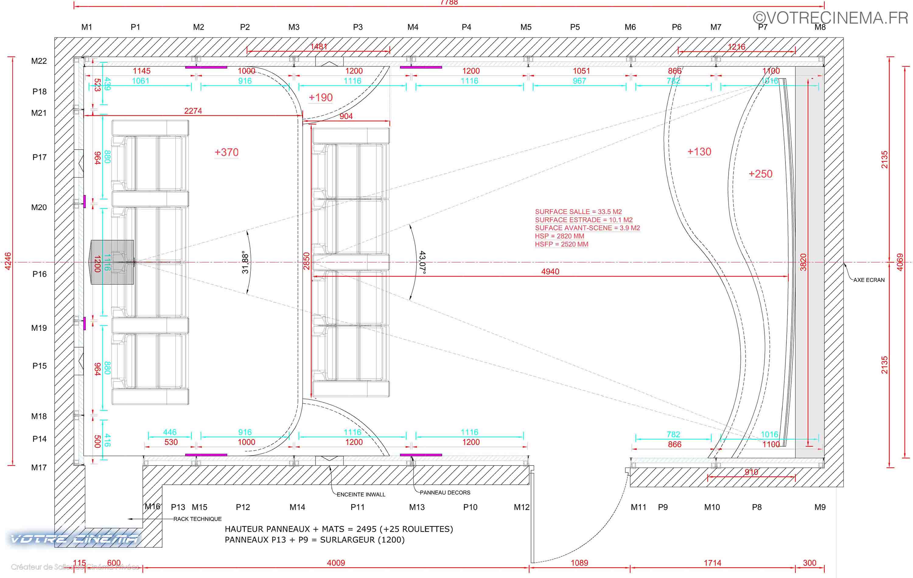 Plan d'une salle de cinéma de 34m²