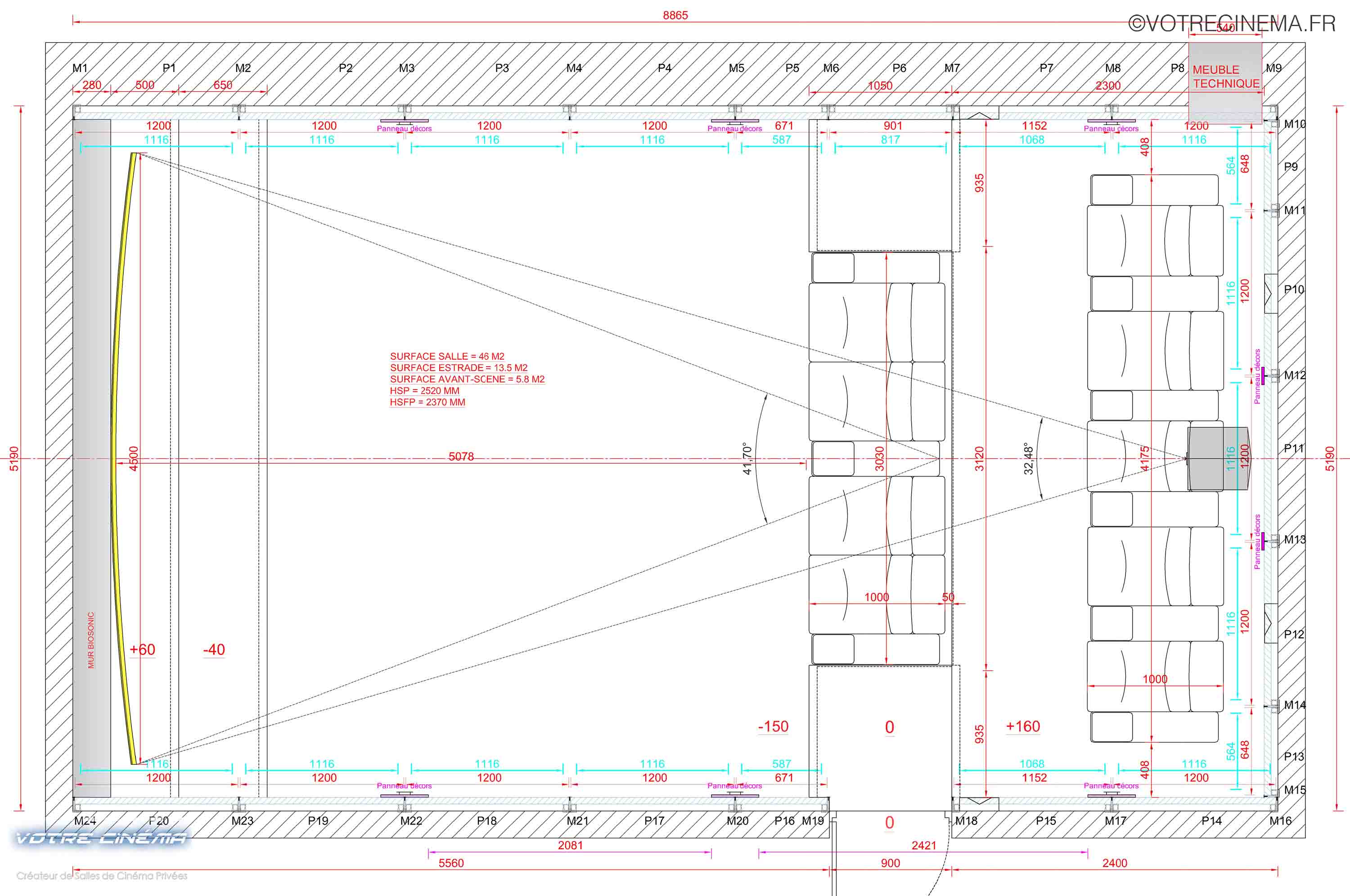 Plan salle de cinéma à domicile 46m²